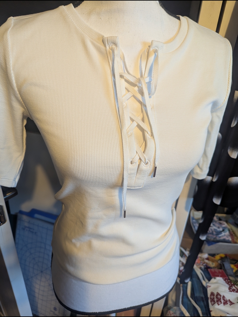 Ann Taylor Cream Ribbed Short Sleeve Lace-Up Top